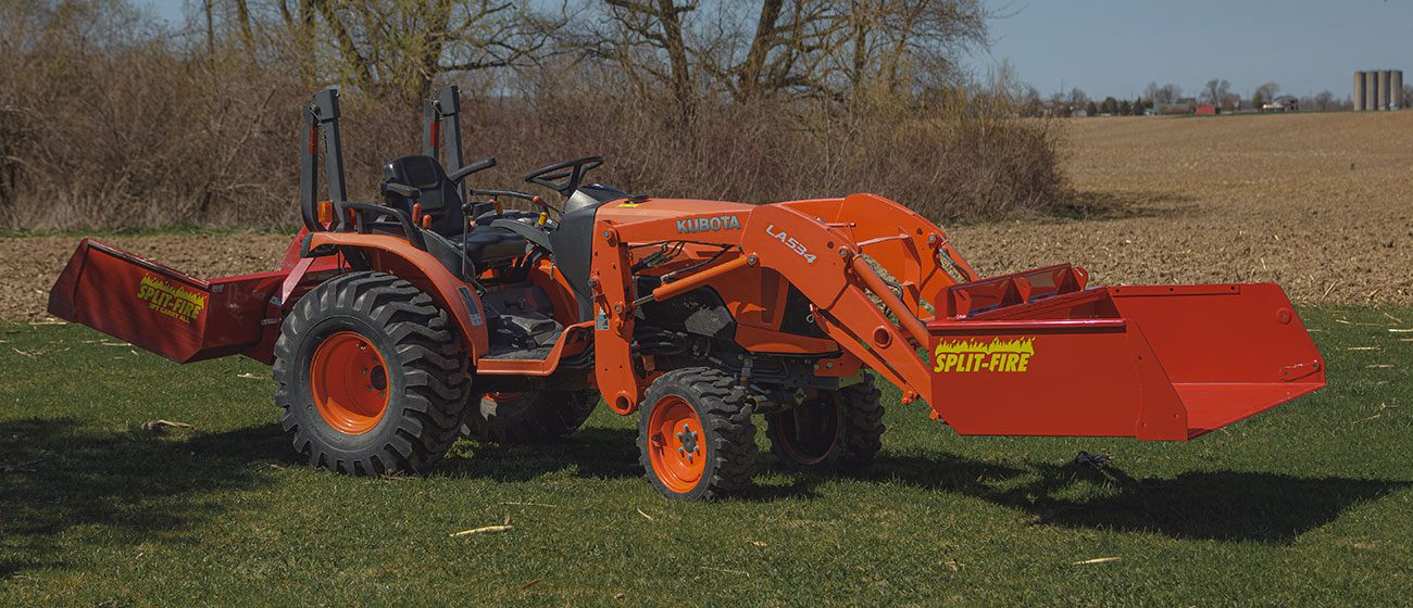 Split-Fire high cap bucket mounted to kubota bx
