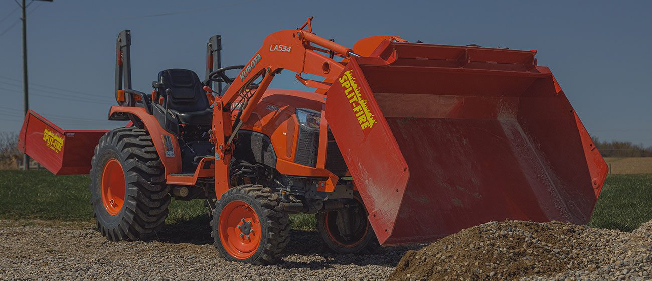 Split-Fire high cap bucket mounted to kubota bx