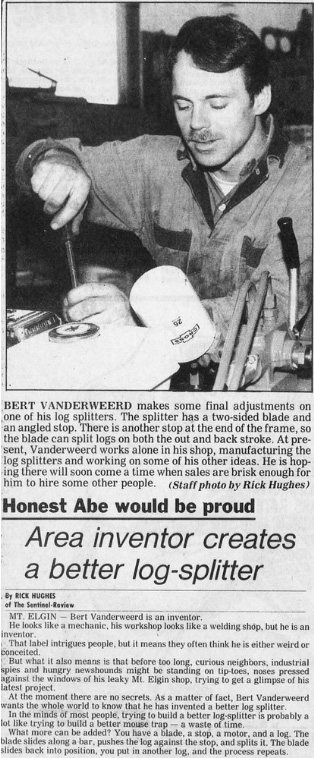 Historical newspaper clipping featuring Split-Fire founder Bert Vanderweerd